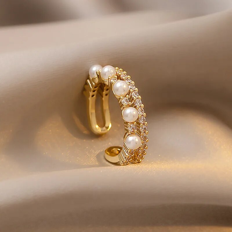 Anel Duplo Pérolas e Zircônias Ouro 18K