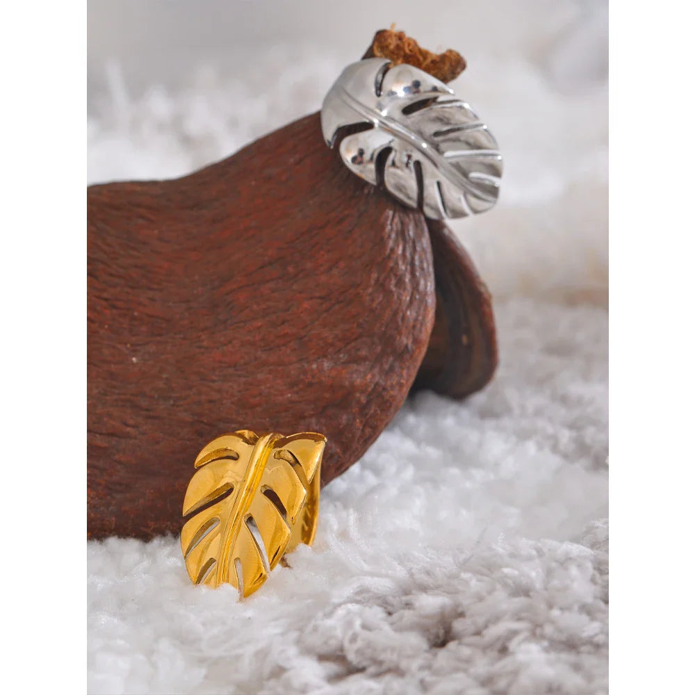 Anel Folha Dourado Ajustável 18k