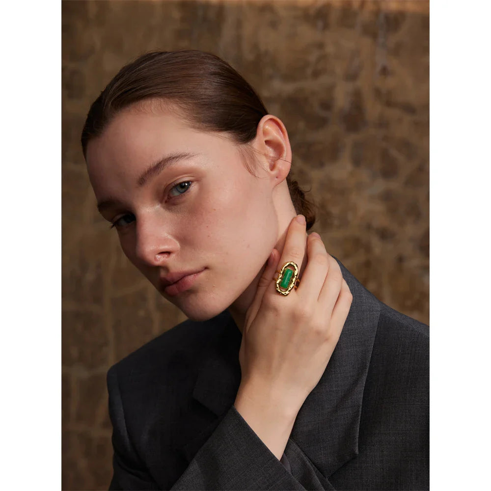 Anel Ajustável Ágata Verde Ouro 18K