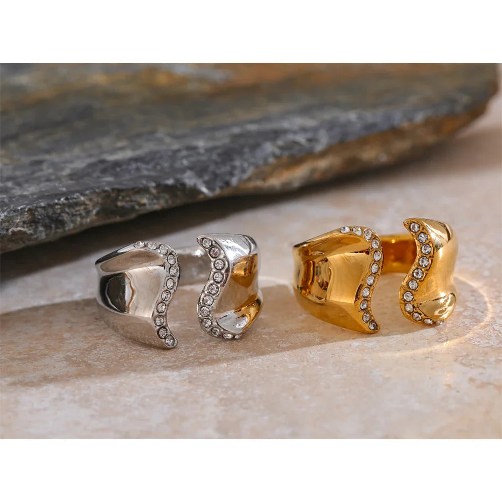 Anel Geométrico Aberto Zircônia Ouro 18K