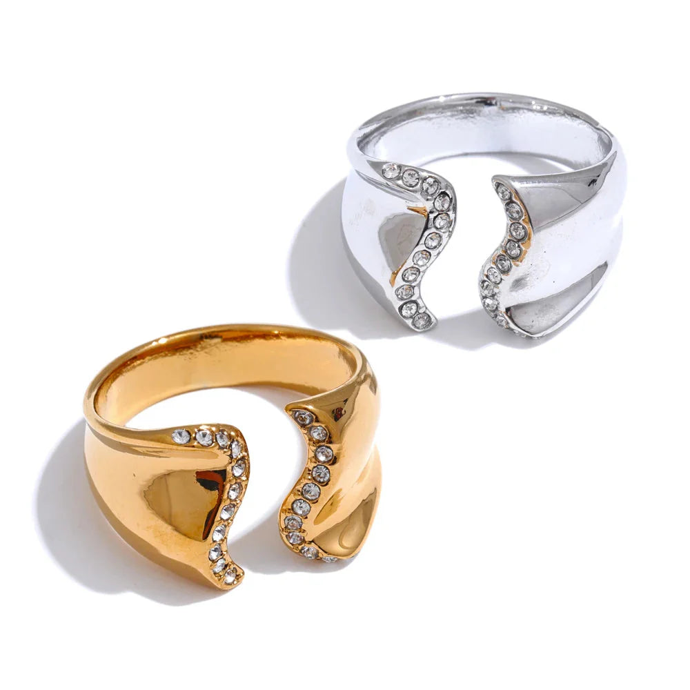 Anel Geométrico Aberto Zircônia Ouro 18K