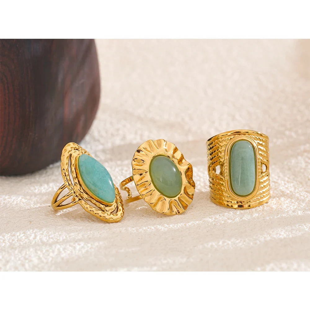 Anel Geométrico Dourado Pedra Verde