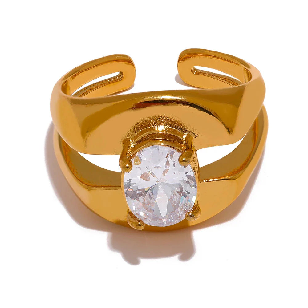 Anel Geométrico de Luxo com Zircônia — Banhado a Ouro 18k