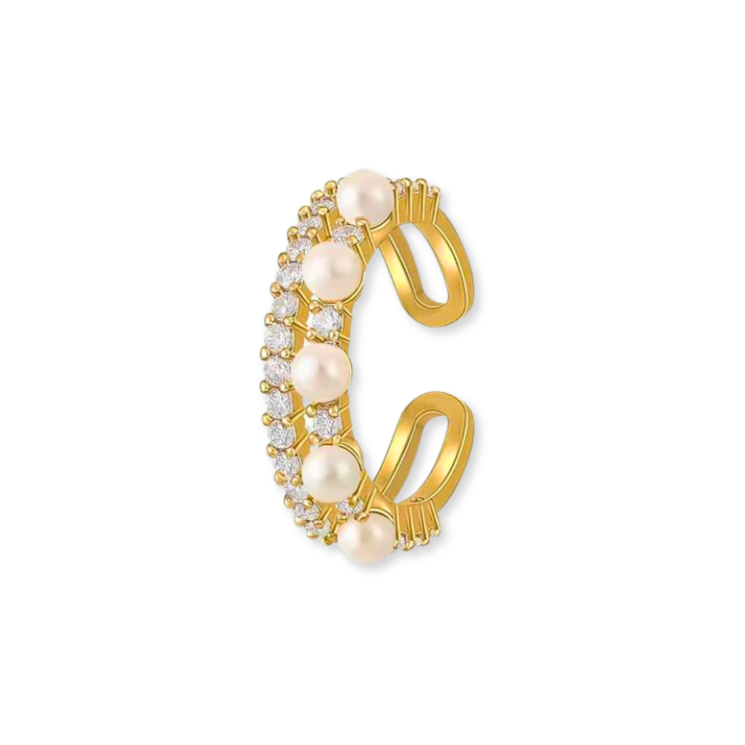 Anel Duplo Pérolas e Zircônias Ouro 18K