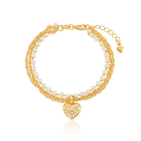 Pulseira Encanto de Pérolas com Coração Banhada a Ouro 18k