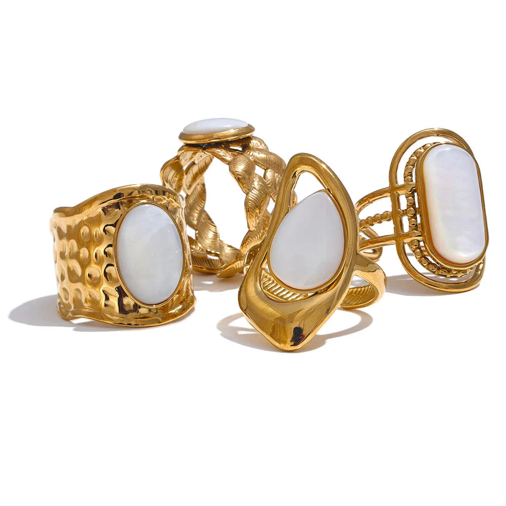 Anel Geométrico Concha Natural Banho Ouro 18K