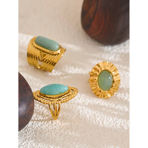 Anel Geométrico Dourado Pedra Verde
