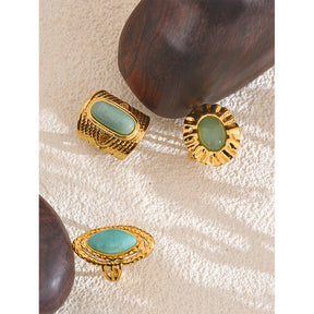 Anel Geométrico Dourado Pedra Verde