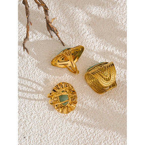 Anel Geométrico Dourado Pedra Verde