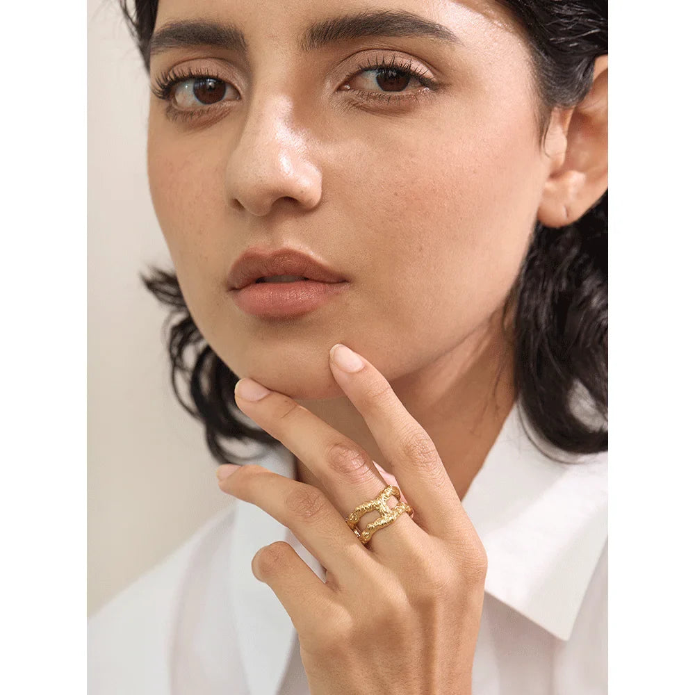 Anel Duplo Geométrico Ouro 18K