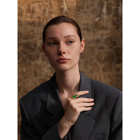 Anel Ajustável Ágata Verde Ouro 18K