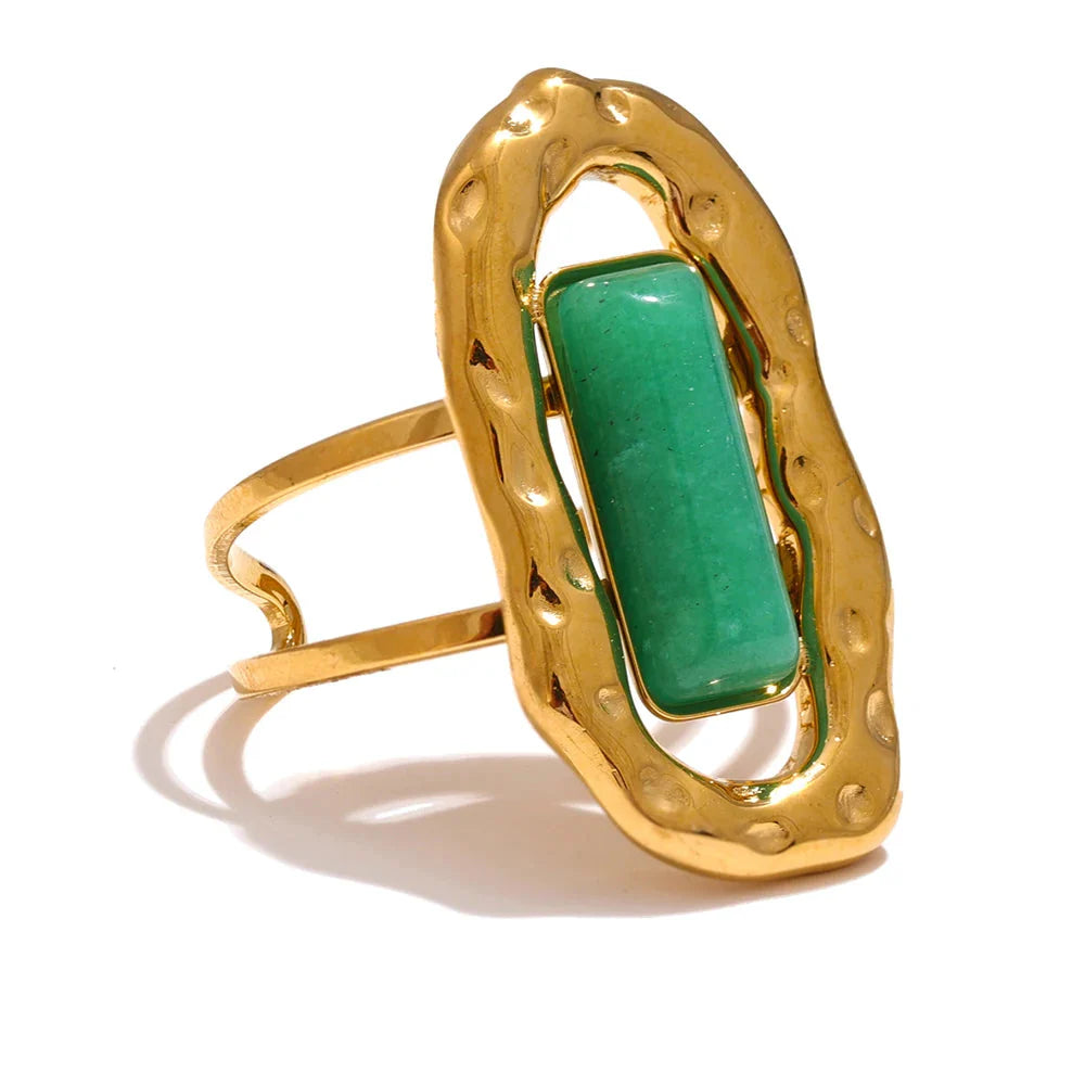 Anel Ajustável Ágata Verde Ouro 18K