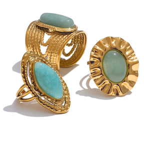 Anel Geométrico Dourado Pedra Verde