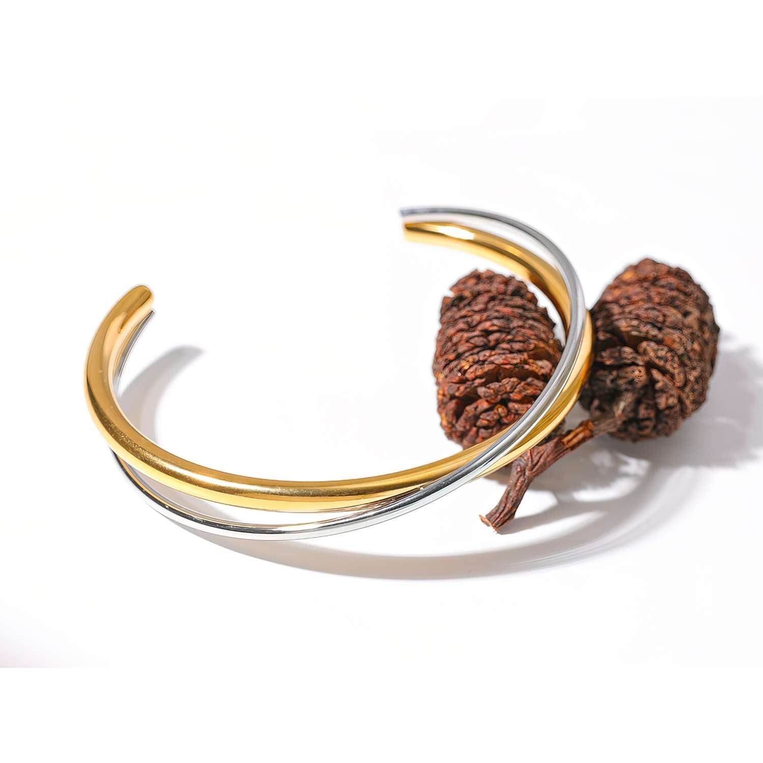 Bracelete Cuff Double em Aço Inoxidável Banhado a Ouro 18k